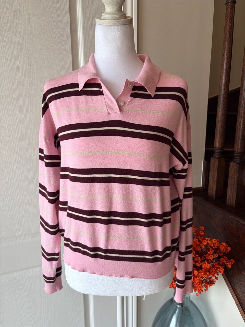 MANGO Pink and Brown Striped Polo Women's Sweater